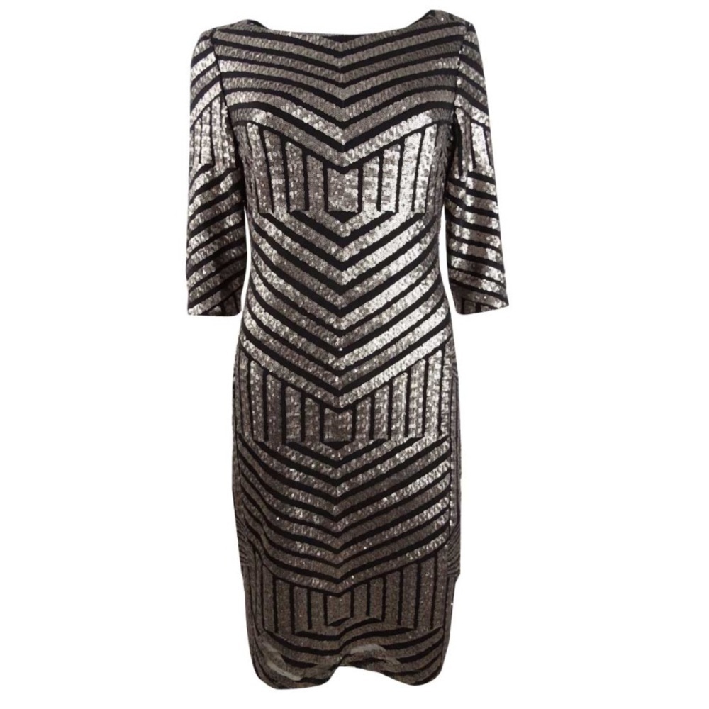 🔥🆕 R&M RICHARDS geo sequin sheath black / Gunmetal sequin dress size 12P NWT